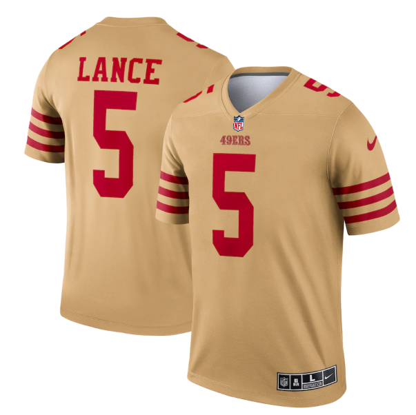 Men's Gold San Francisco 49ers #5 Trey Lance 2022 New Inverted Legend Stitched Football Jersey
